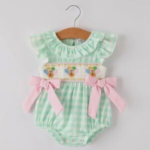 Smocked Gingham Baby Romper with Pink Bows Thanksgiving Turkey Embroidery